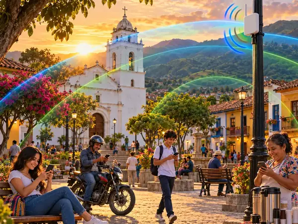 Gente conectada desde el celular en la plaza del pueblo, con un punto WiFi en el poste