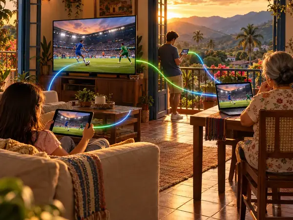 Familia en la sala viendo fútbol en el televisor, la tableta y el computador